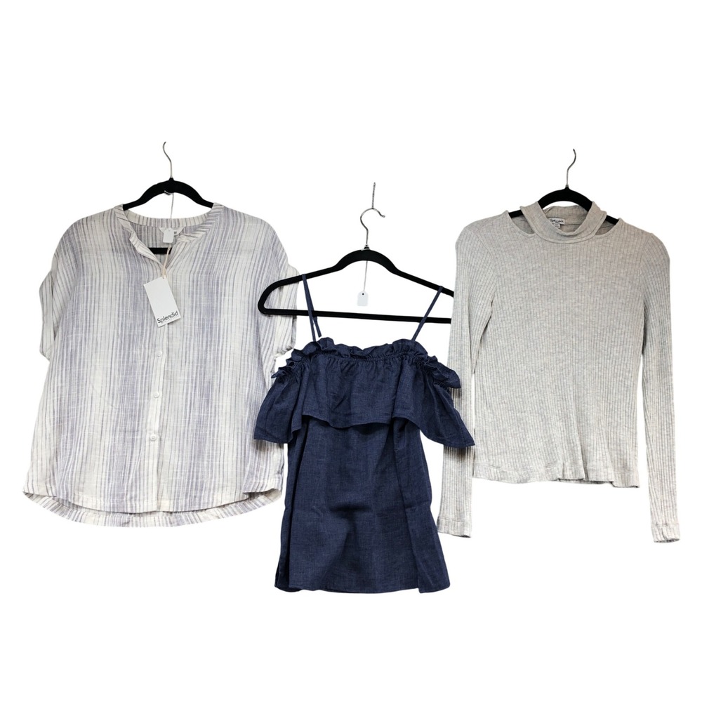 Splendid Tops Lot Womens Size Small Blue White Striped Ruffle Ribbed 3 Piece